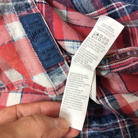 Lucky Brand Washed & Worn Cotton Red White Blue Pearl Snap Plaid Shirt L - Picture 12 of 15